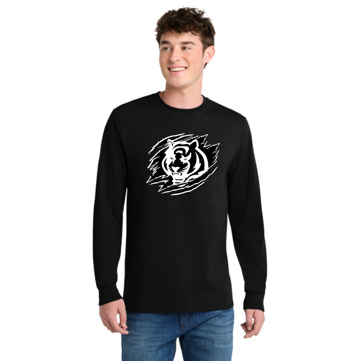 Person wearing a black long-sleeve shirt with a white tiger graphic on a black background with white outlines.