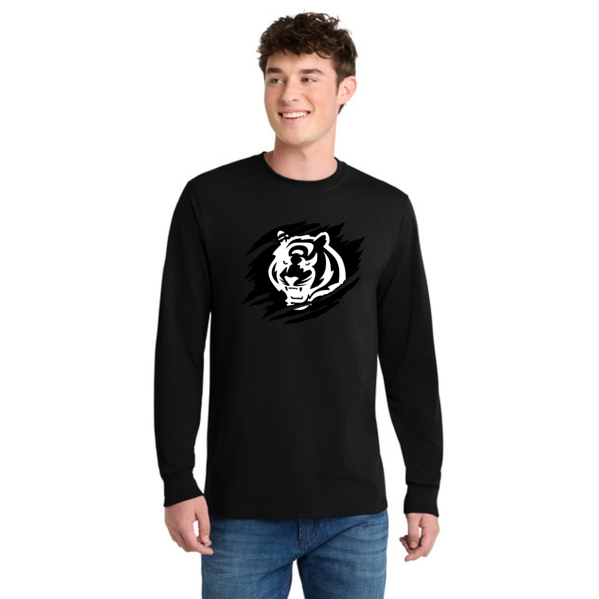 Person wearing a black long-sleeve shirt with a white tiger graphic on a black background