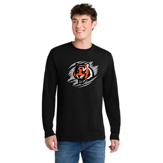 Person wearing a black long-sleeve shirt with a black, orange, and white tiger logo on a black outlined gray  background.