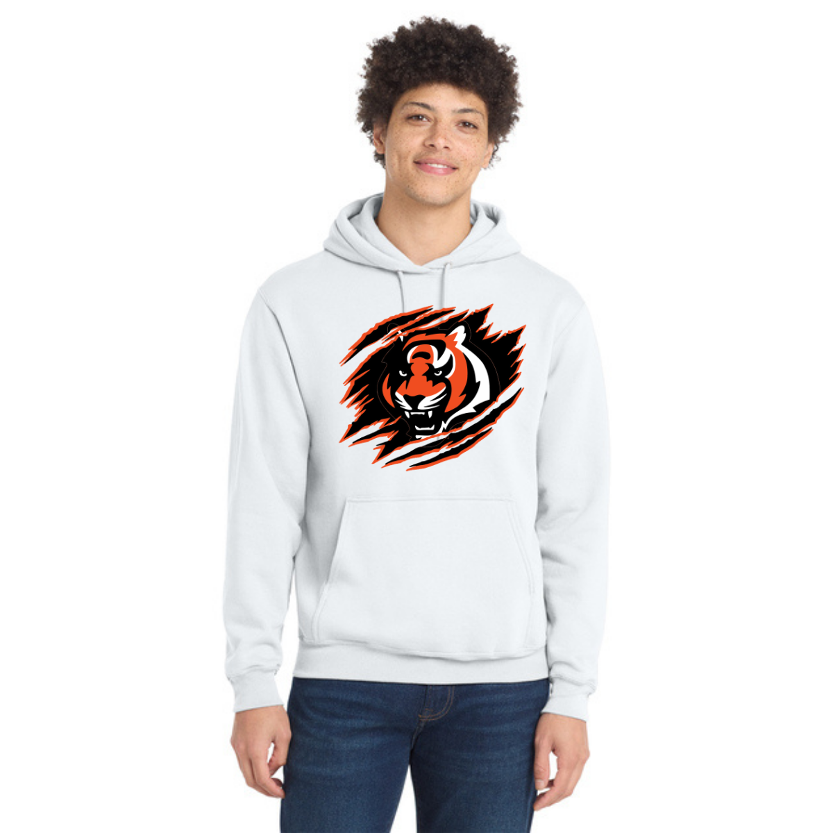 Person wearing a white hoodie with a tiger logo on a white background