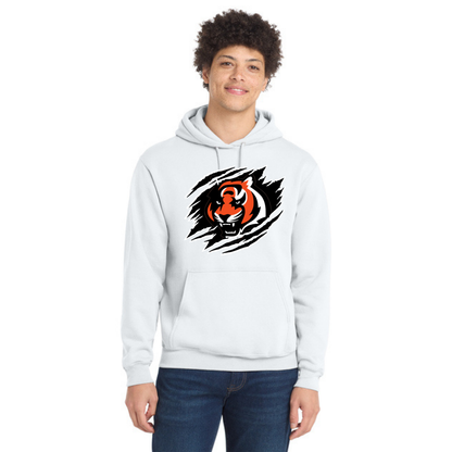 Person wearing a white hoodie with a tiger logo on a white background