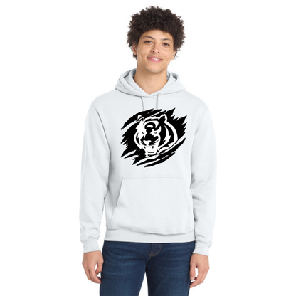 Person wearing a white hoodie with a black tiger design on a white background
