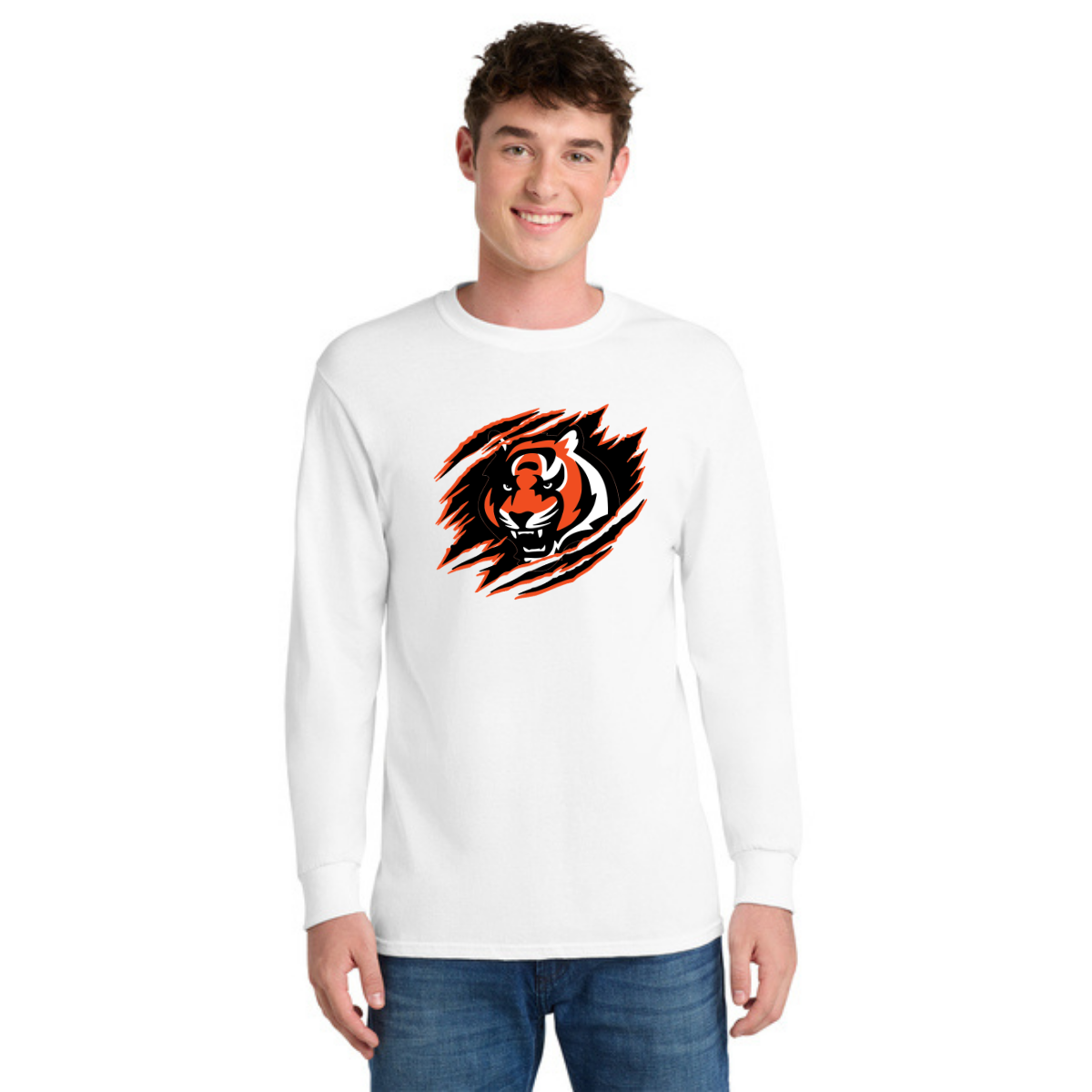 Person wearing a white long-sleeve shirt with a black, orange, and white tiger logo on a black background outlined in orange.