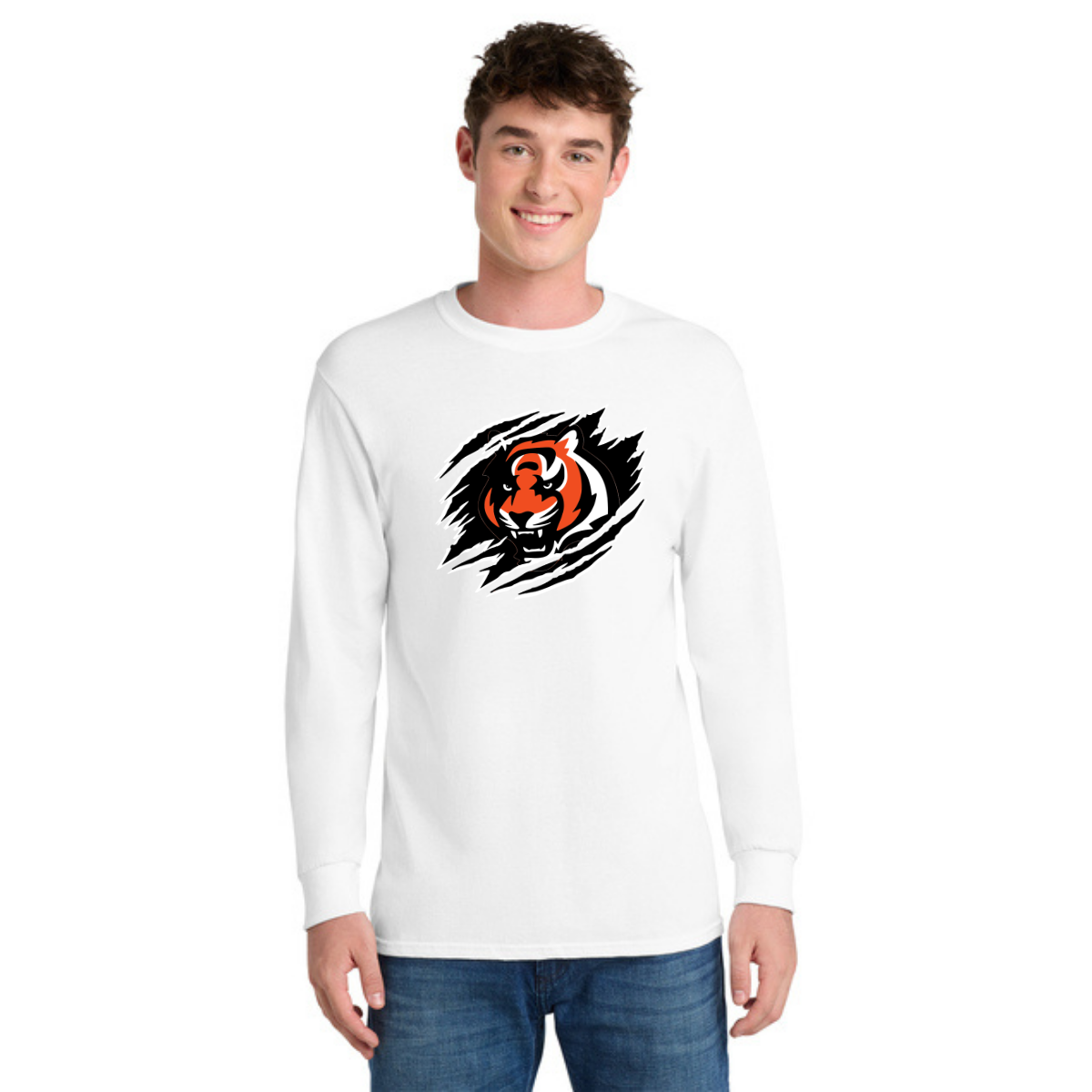 Person wearing a white long-sleeve shirt with a black, orange, and white tiger logo on a black background outlined in white.
