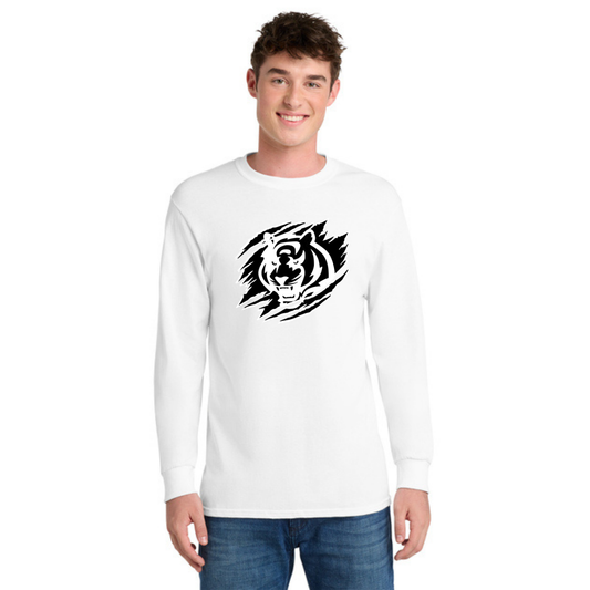 Person wearing a white long-sleeve shirt with a black tiger design on a white outlined black background.