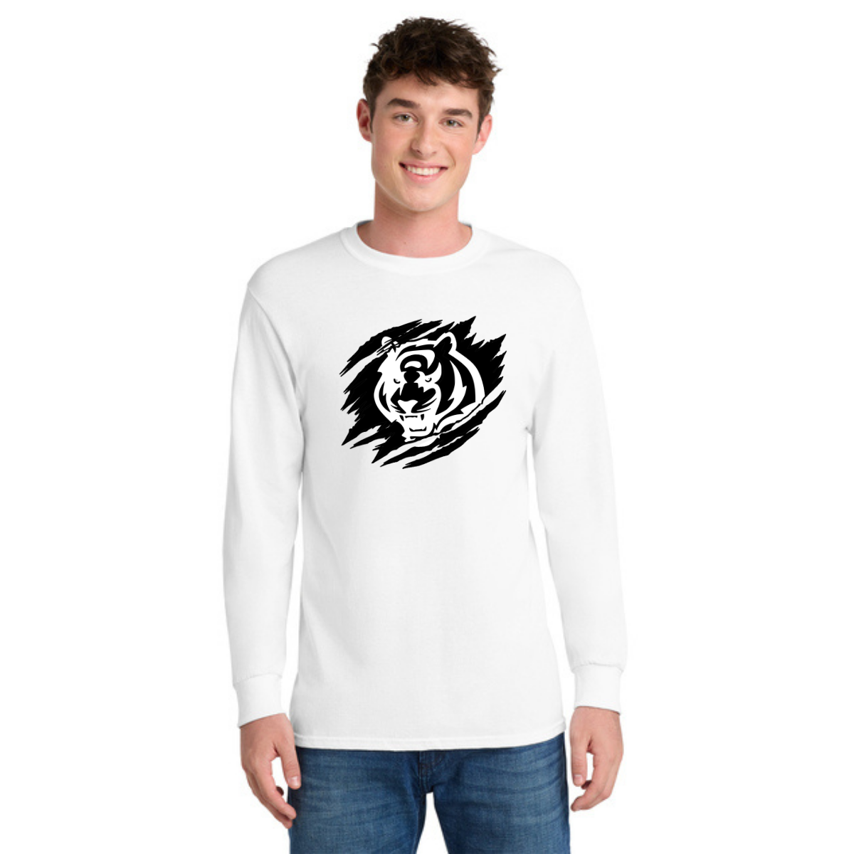 Person wearing a white long-sleeve shirt with a white tiger graphic on a black background