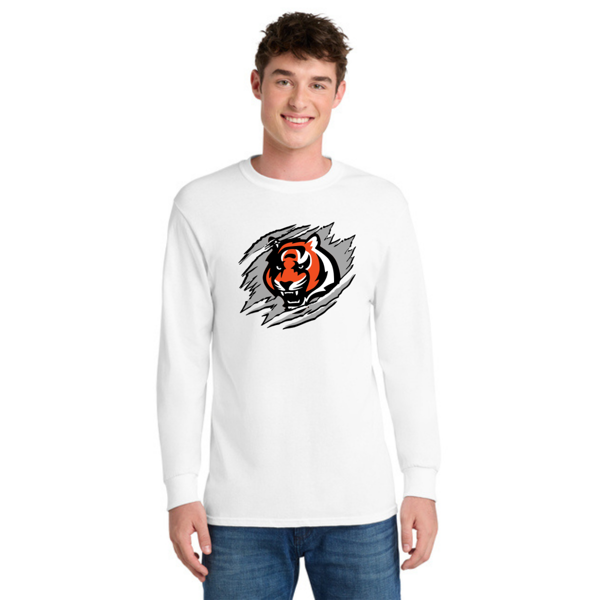 Person wearing a white long-sleeve shirt with a black, orange, and white tiger logo on a black outlined gray background.